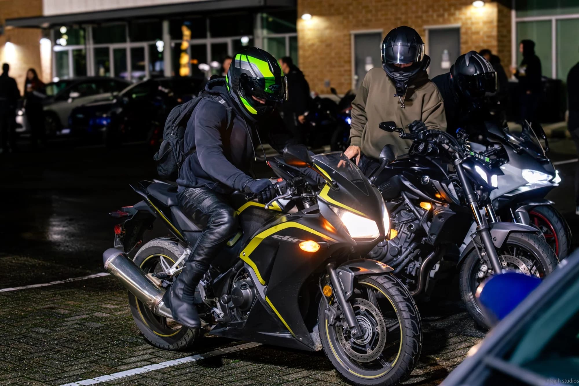 Motorcycle riders at Vancouver night meetup with Honda CBR sport bikes - Njagih Studios event photography