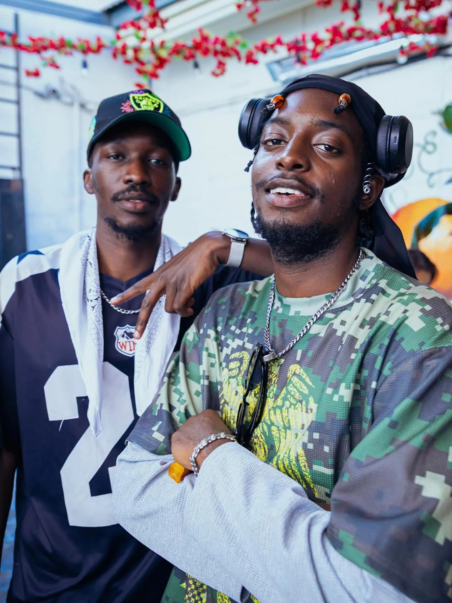 Two friends posing at outdoor streetwear party event in Vancouver - Njagih Studios portrait photography